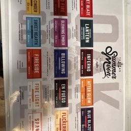 Menu of beans sold in store - A menu displaying various coffee bean options and flavors available at Summer Moon Coffee in Spring, TX, including categories like Velvet Blaze, Wild Fire, and Blue Blazes.