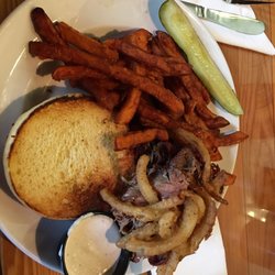 Grilled beef brisket with sweet potatoes fries
