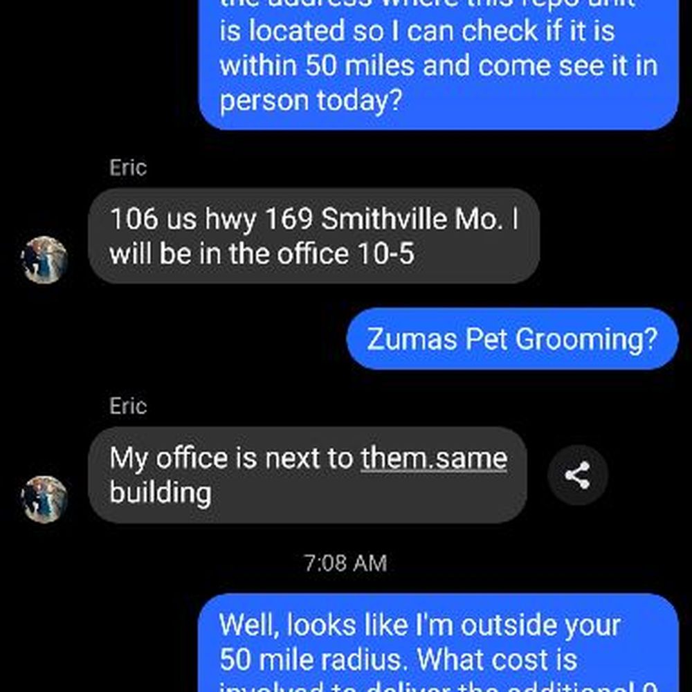 Sheds KC - My conversation with Eric at ShedsKC.com on August 26, 2025 regarding the repo unit he had listed on FB Marketplace. - Sheds & Outdoor Storage Near Me - Smithville, Missouri Sheds KC - My conversation with Eric at ShedsKC.com on August 26, 2025 regarding the repo unit he had listed on FB Marketplace. - Sheds & Outdoor Storage Near Me - Smithville, Missouri