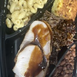 Sliced Brisket turkey Two Meat Platter Mac And Cheese Beans
