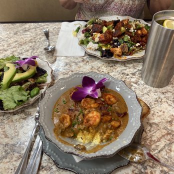 Harvest Kitchen & Bakery - Today's lunch - shrimp and grits - for me, hot chicken mango salad for my aunt! - Breakfast & Brunch Near Me - Katy, Texas