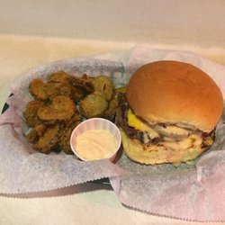 Skol Bar - Aloha burger with house made cajun pickle chips and cajun sauce