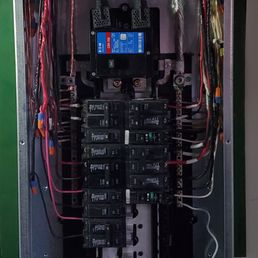 New 200 amp panel before cover is reinstalled. New 200 amp panel before cover is reinstalled.