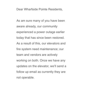 Wharfside Pointe Apartments - A letter explaining your vehicle would be trapped in the garage, elevator down and... fire system down? That seems dangerous! - Apartments Near Me - Seattle, Washington Wharfside Pointe Apartments - A letter explaining your vehicle would be trapped in the garage, elevator down and... fire system down? That seems dangerous! - Apartments Near Me - Seattle, Washington