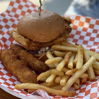 Bootlegger's Brewery - Nearly famous chicken sandwich with classic breading. Fried pickles and fries - Breweries Near Me - Fullerton, California