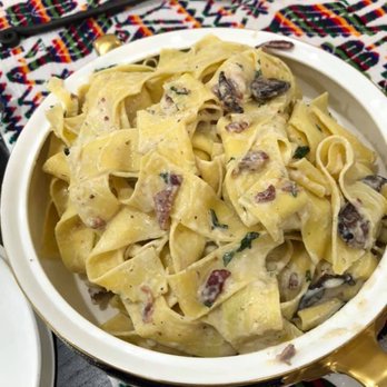 Chef Toni's Cooking Adventures LLC - Jeremy's Pappardelle Alfredo with sautéed shiitake mushrooms and bacon (at home) - Cooking Schools Near Me - New York, New York Chef Toni's Cooking Adventures LLC - Jeremy's Pappardelle Alfredo with sautéed shiitake mushrooms and bacon (at home) - Cooking Schools Near Me - New York, New York