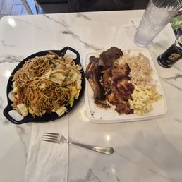 Pork and grilled chicken combo plate, and char sui w/noodles. Pork and grilled chicken combo plate, and char sui w/noodles.