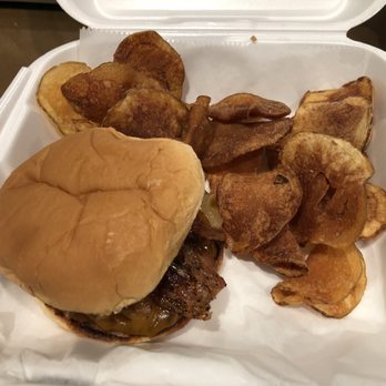 Grinders Stonewall - 03/12/2021 - my Hillybilly burger w/ kinda "koge" (koge = burnt) homemade chips. (Via Uber Eats) $10.00. Kinda small burger. - Pizza Near Me - Lenexa, Kansas