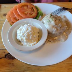 Pioneer Pick: three items, Biscuit and gravy, cottage cheese, tomatoes