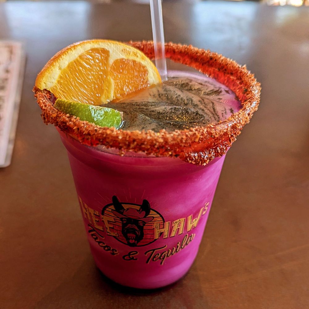 Hee Haw’s Tacos & Tequila - Prickly pear Marg with glitter - Tacos Near Me - Tomball, Texas Hee Haw’s Tacos & Tequila - Prickly pear Marg with glitter - Tacos Near Me - Tomball, Texas