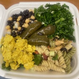 Sampler plate- curry chicken salad, chick pea black bean salad, kale collard salad, rotini pasta salad, stuffed grape leaves Sampler plate- curry chicken salad, chick pea black bean salad, kale collard salad, rotini pasta salad, stuffed grape leaves