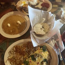 Spinach, tomato, feta omelette, ad mushrooms. Pancake, two egg meal with burger option substitute hand cut fries for hash browns. Spinach, tomato, feta omelette, ad mushrooms. Pancake, two egg meal with burger option substitute hand cut fries for hash browns.