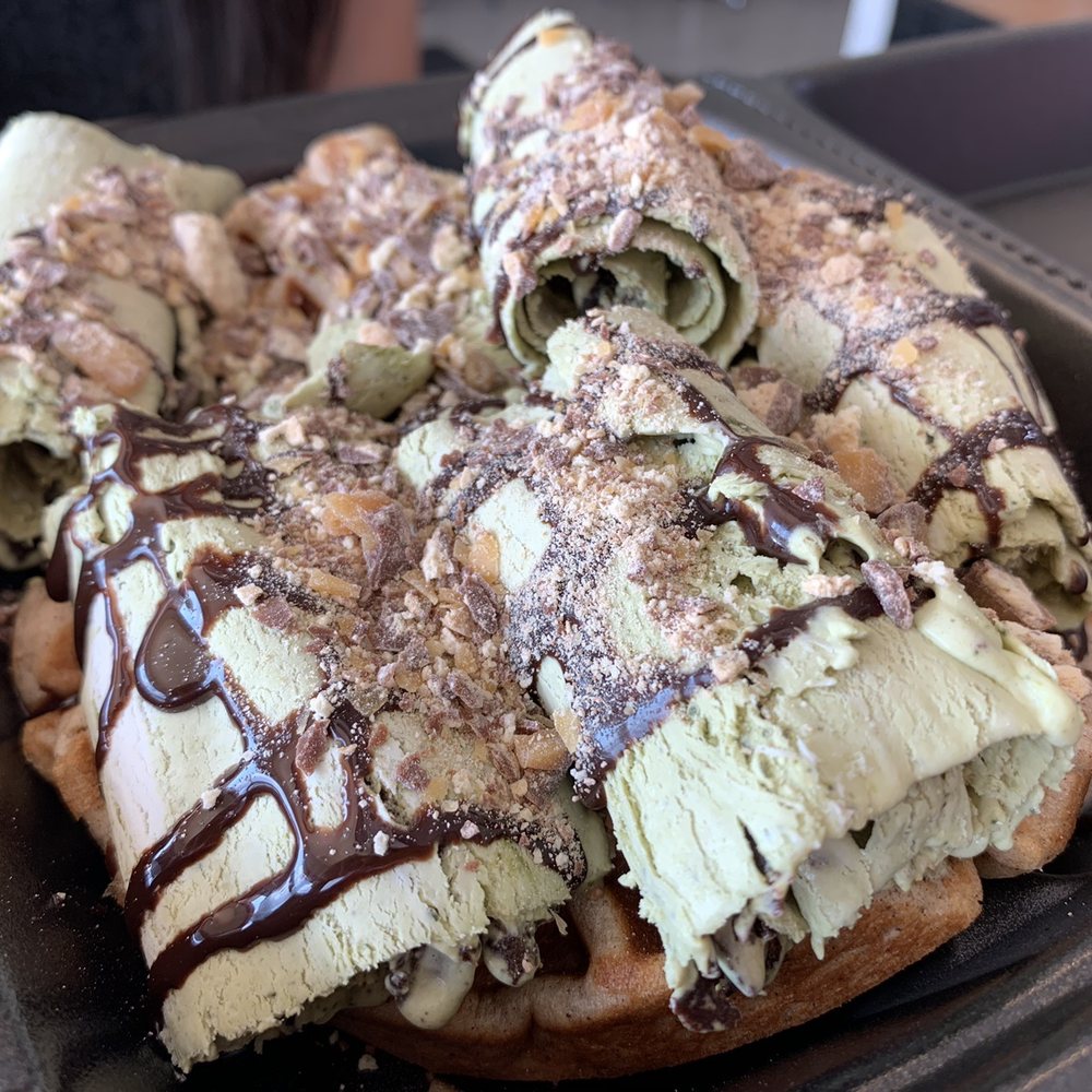 Rolling Ice - Build your own waffle Matcha ice cream topped with Twix, chocolate syrup, brownie bites - Ice Cream & Frozen Yogurt Near Me - Arlington, Texas Rolling Ice - Build your own waffle Matcha ice cream topped with Twix, chocolate syrup, brownie bites - Ice Cream & Frozen Yogurt Near Me - Arlington, Texas