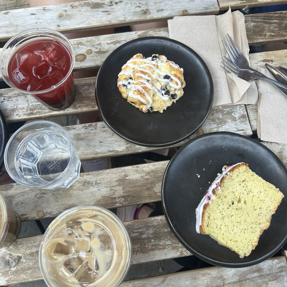 Lemon poppyseed loaf, blueberry white chocolate scone, lavender latte, cherry tea Lemon poppyseed loaf, blueberry white chocolate scone, lavender latte, cherry tea