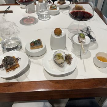 Cañabota - Omekaze 1 - tomato soup (amazing), fish on a stick, salmon croquet, sardine on cracker, I forgot and oyster! That was the first of 11!! - Seafood Near Me - Seville, SE