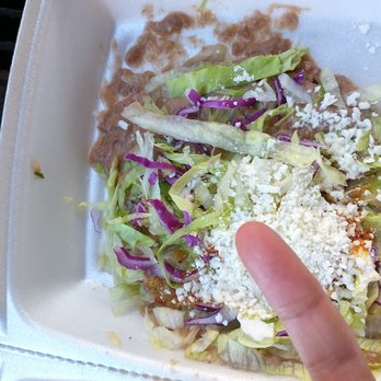 Tacos El Jr - Thats my pinky finger right abov the tostado. Shows how tiny it is. I could have got 5 from Del Taco the same size for the same price. - Mexican Near Me - Riverside, California