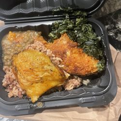 Some rice and beans chicken chicken greens