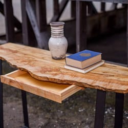 Makers Woodworks - Spalted maple entry table w/ drawer, custom steel loop base.