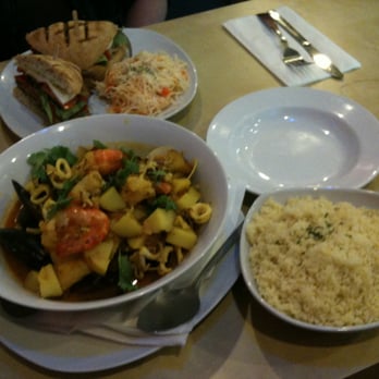 Cafe Paprika - Rustic eggplant sandwich (top), Sultan seafood stew (bottom left) and couscous (bottom right) - Mediterranean Near Me - Bridgton, Maine