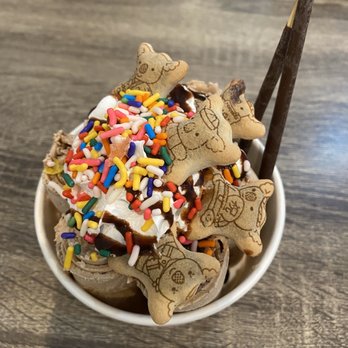 At Munchies - chocolate rolled ice cream  toppings: sprinkles, chocolate syrup, chocolate sticks, chocolate filled koalas - Ice Cream & Frozen Yogurt Near Me - Naperville, Illinois