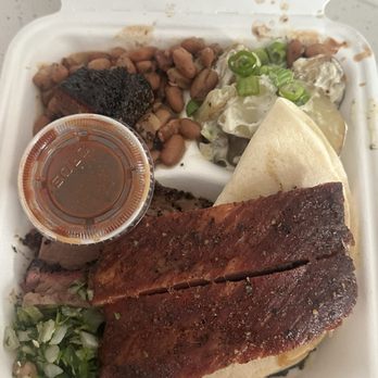 Zavala's Barbecue - 2 meat plate with ribs and brisket and beans, and potato salad. - Barbeque Near Me - Grand Prairie, Texas