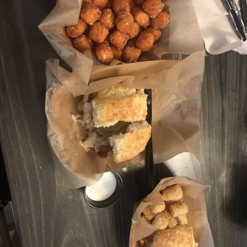 The Biscuit Bar - Sweet potato tots, fancy chicken biscuit (I cut it in half), kids turkey and cheese biscuit and tots - Breakfast & Brunch Near Me - Plano, Texas