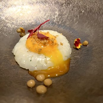 Lasarte - Squid tartare with egg yolk, onion, and kaffir consommé - Spanish Near Me - Barcelona, B