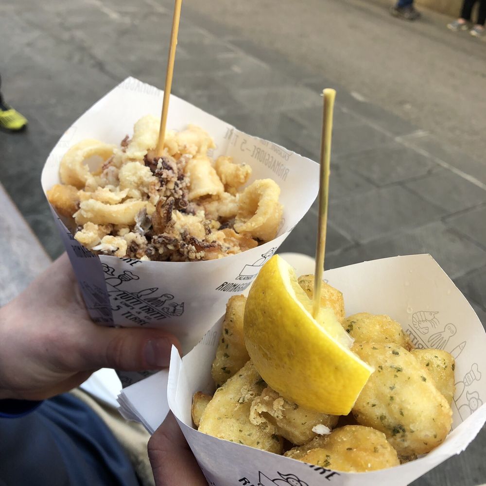 Cod bites, calamari, fries, vegetables Cod bites, calamari, fries, vegetables