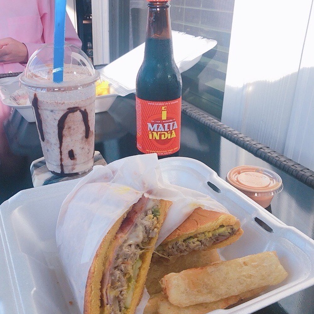 Medianoche Sandwich, Yucca Fries, Malta, Twix Frappe Medianoche Sandwich, Yucca Fries, Malta, Twix Frappe