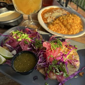 Iztac Mexican Cantina - Guaca Tacos side rice and beans and peach margarita - Mexican Near Me - Fredericksburg, Virginia