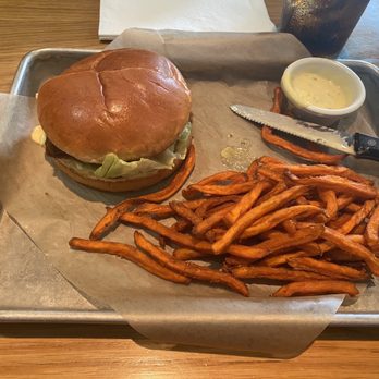 BJ's Restaurant & Brewhouse - BJ's Classic Crispy Chicken Sandwich with sweet potato fries - Breweries Near Me - Warwick, Rhode Island BJ's Restaurant & Brewhouse - BJ's Classic Crispy Chicken Sandwich with sweet potato fries - Breweries Near Me - Warwick, Rhode Island