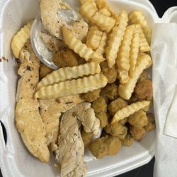 Graham Street Grill - Boiled chicken tenders, french fries and fry okra! I don't see a grill mark in sight