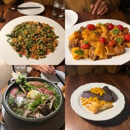 beef carpaccio, short rib rigatoni, wagyu pho, ube cheesecake
