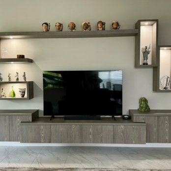 Fontana Woodworking - Wall unit with hanging cabinets and lighted shelves - Cabinetry Near Me - Boynton Beach, Florida Fontana Woodworking - Wall unit with hanging cabinets and lighted shelves - Cabinetry Near Me - Boynton Beach, Florida