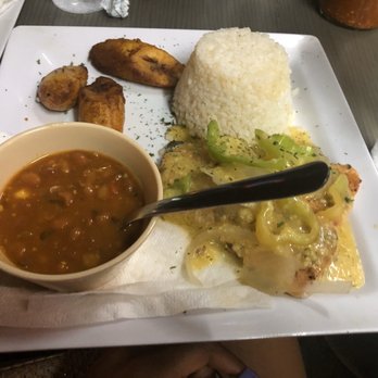 Orozco's - Salmon with cream sauce, rice and beans, and sweet plantains ( I added the peppers and onions ) - Puerto Rican Near Me - San Juan, Puerto Rico Orozco's - Salmon with cream sauce, rice and beans, and sweet plantains ( I added the peppers and onions ) - Puerto Rican Near Me - San Juan, Puerto Rico