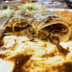 Vaqueros Mexican Restaurant - Inside of Enchiladas de Mole (w/picadillo: beef & pork)