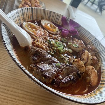 Mirin Fusion Kitchen - Spicy miso base ramen with both shrimp and steak...but the second time I ordered for delivery and only got steak. Both were amazing! - Asian Fusion Near Me - Augusta, Georgia