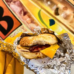 Biggby Coffee - Asiago bagel with ham and cheese