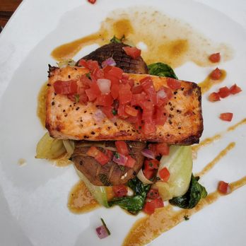 Tommy Bahama Restaurant - Miso Ora King Salmon ($30), with caramelized shiitake mushrooms, charred baby bok choy, tomato relish, citrus miso vinaigrette. - Cocktail Bars Near Me - Jupiter, Florida Tommy Bahama Restaurant - Miso Ora King Salmon ($30), with caramelized shiitake mushrooms, charred baby bok choy, tomato relish, citrus miso vinaigrette. - Cocktail Bars Near Me - Jupiter, Florida