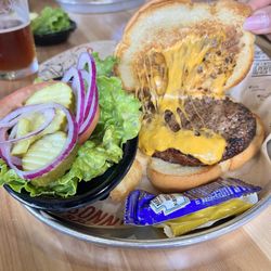 Sonny's BBQ - Burger with side topping, meat well done