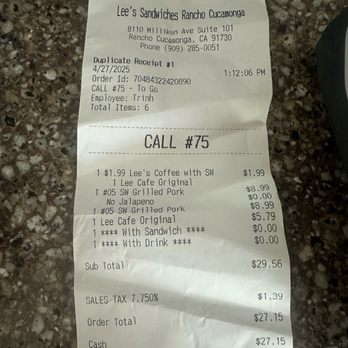 Lee's Sandwiches - Reopening 1.99 coffee deal, but they charged full price for the second coffee even after getting two sandwiches. - Sandwiches Near Me - Rancho Cucamonga, California Lee's Sandwiches - Reopening 1.99 coffee deal, but they charged full price for the second coffee even after getting two sandwiches. - Sandwiches Near Me - Rancho Cucamonga, California