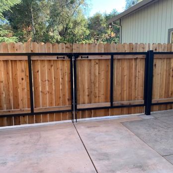 A5 Landscape Construction - Large double gate and pedestrian fence with metal frame, welding done on site. - Landscaping Near Me A5 Landscape Construction - Large double gate and pedestrian fence with metal frame, welding done on site. - Landscaping Near Me