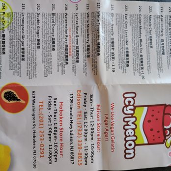 Icy Melon - Menu - A printed menu for a vegan gelato shop, featuring flavors like Passionfruit Tang, Pina Colada, and Blood Orange, with colorful graphics. - Desserts Near Me - Edison, New Jersey