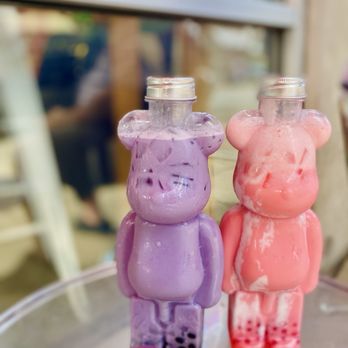 Cha Cha Boba Tea Shoppe - Taro Taro Milk Tea + Lychee Jelly & Strawberry Milk Tea + Strawberry popping Boba in Bear Cup - Bubble Tea Near Me - Little Rock, Arkansas Cha Cha Boba Tea Shoppe - Taro Taro Milk Tea + Lychee Jelly & Strawberry Milk Tea + Strawberry popping Boba in Bear Cup - Bubble Tea Near Me - Little Rock, Arkansas
