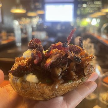Oak & Ember - Twice baked potato skins topped with brisket - Halal Near Me - Ontario, California Oak & Ember - Twice baked potato skins topped with brisket - Halal Near Me - Ontario, California