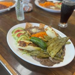 Flores Brunch - Platter rancheros with grilled cheese katus jalapeño salad rice beans grilled steak
