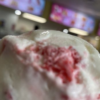 Paleteria Dulce Vida - Strawberries and cream single dip on large waffle cone. Half eaten - Ice Cream & Frozen Yogurt Near Me - Columbus, Ohio
