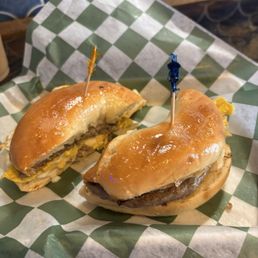 Sausage, egg & cheese on a bagel. Sausage, egg & cheese on a bagel.