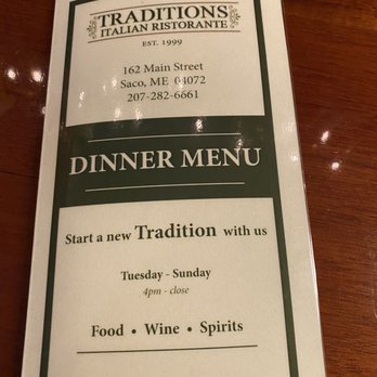 Traditions Italian Ristorante - Menu cover - Italian Near Me - Saco, Maine