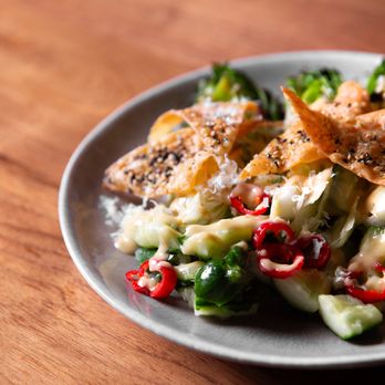 South Main Social - Grilled Baby Romaine
Crispy Furikake Wontons, Smashed Cucumber,
Fresno Chili, Doenjang-Caesar Dressing - Cocktail Bars Near Me - Greenville, South Carolina South Main Social - Grilled Baby Romaine
Crispy Furikake Wontons, Smashed Cucumber,
Fresno Chili, Doenjang-Caesar Dressing - Cocktail Bars Near Me - Greenville, South Carolina